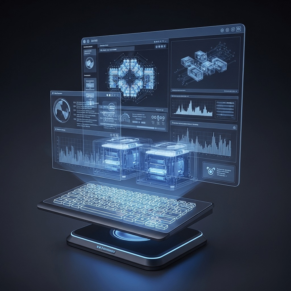 Futuristic AI interface showing data analysis and digital dashboards